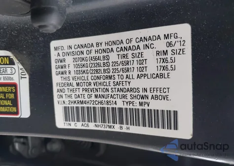 2012 Honda Cr-V Ex-L из США, поврежденный, VIN 2HKRM4H72CH618514